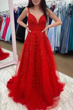 Red Tulle A-line V-neck Lace Appliques Long Prom Dresses, Party Dresses, MP837