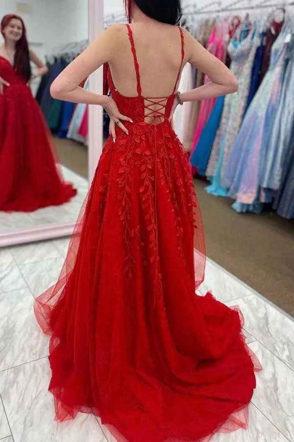 Red Tulle A-line V-neck Lace Appliques Long Prom Dresses, Party Dresses, MP837