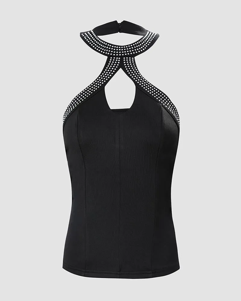 Rhinestone Decor Halter Sleeveless Top