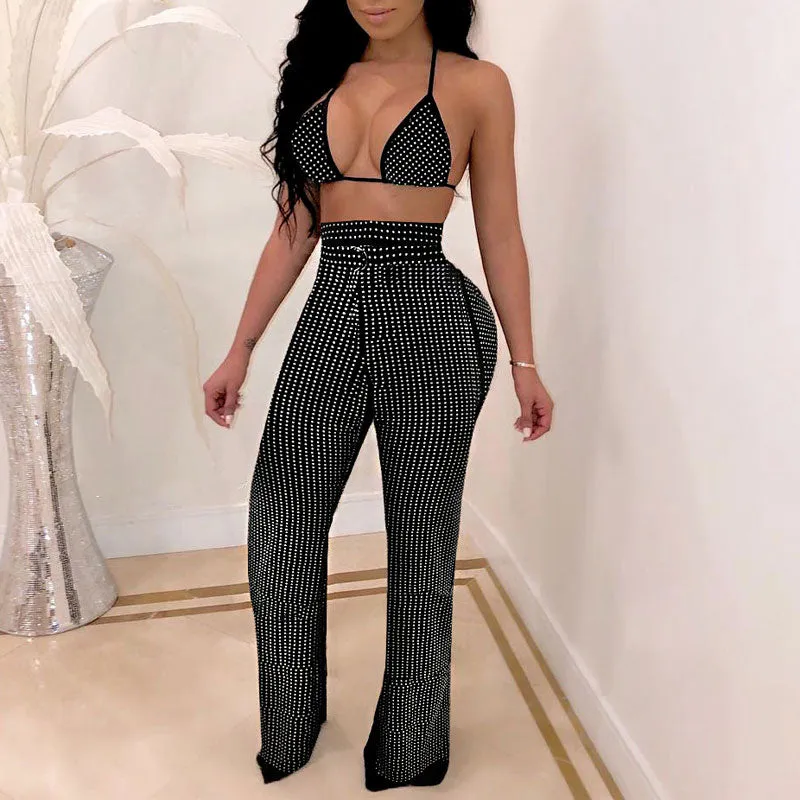 Rhinestone Halter Bra & Wide Leg Pants Set