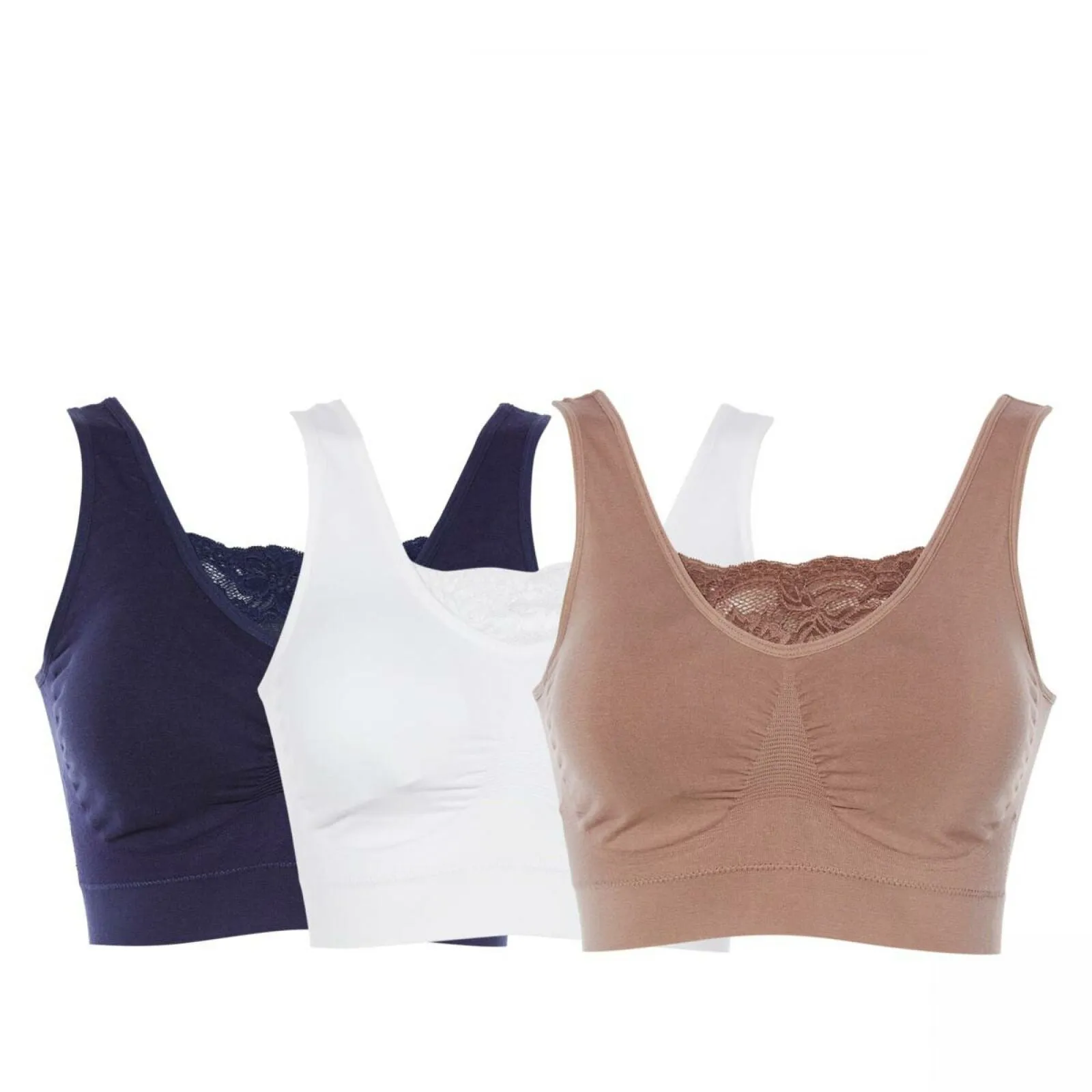 Rhonda Shear 3 Pack Cotton Blend Ahh Bras With Lace Inset Navy Multi Large