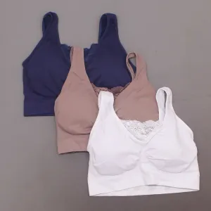 Rhonda Shear 3 Pack Cotton Blend Ahh Bras With Lace Inset Navy Multi Large