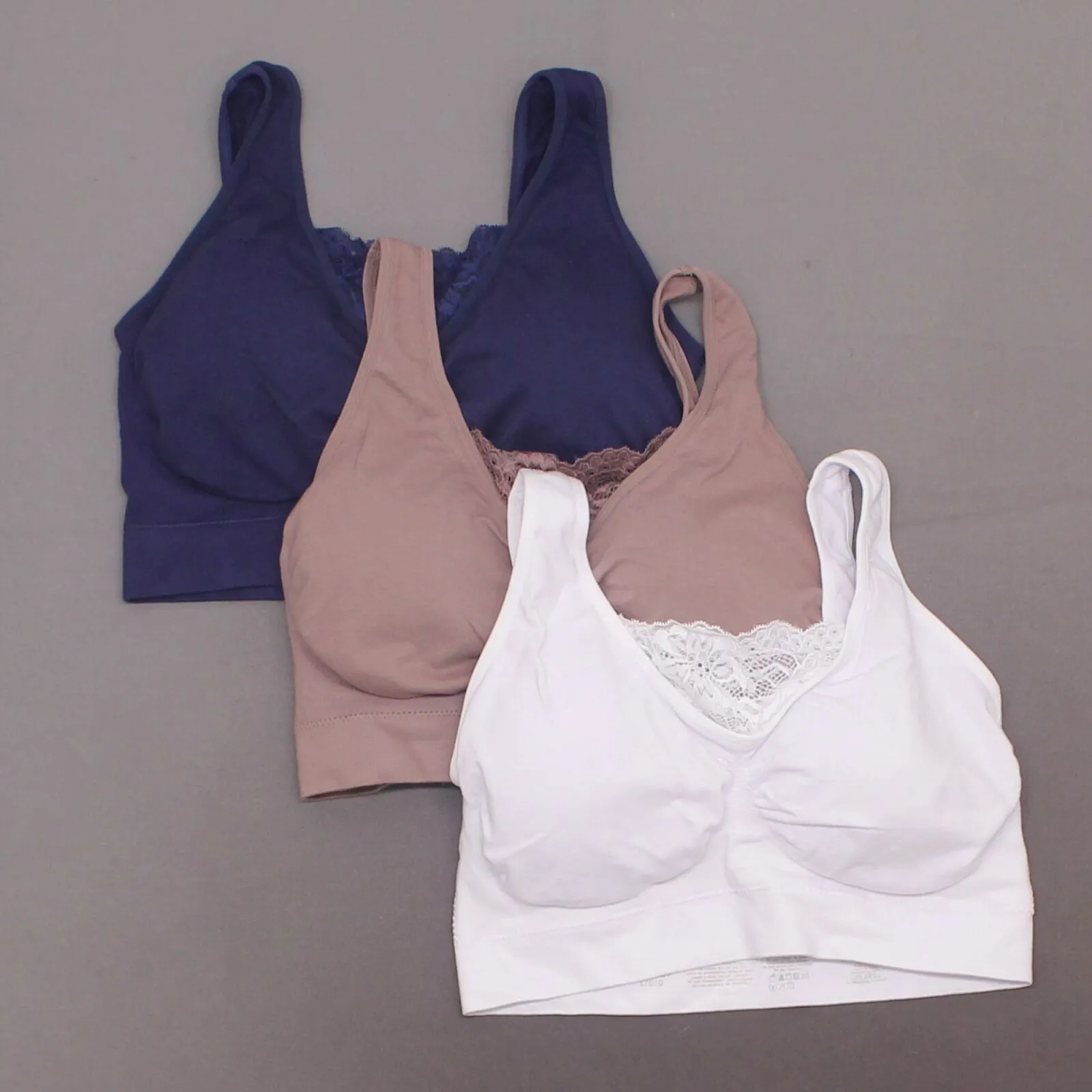 Rhonda Shear 3 Pack Cotton Blend Ahh Bras With Lace Inset Navy Multi Large