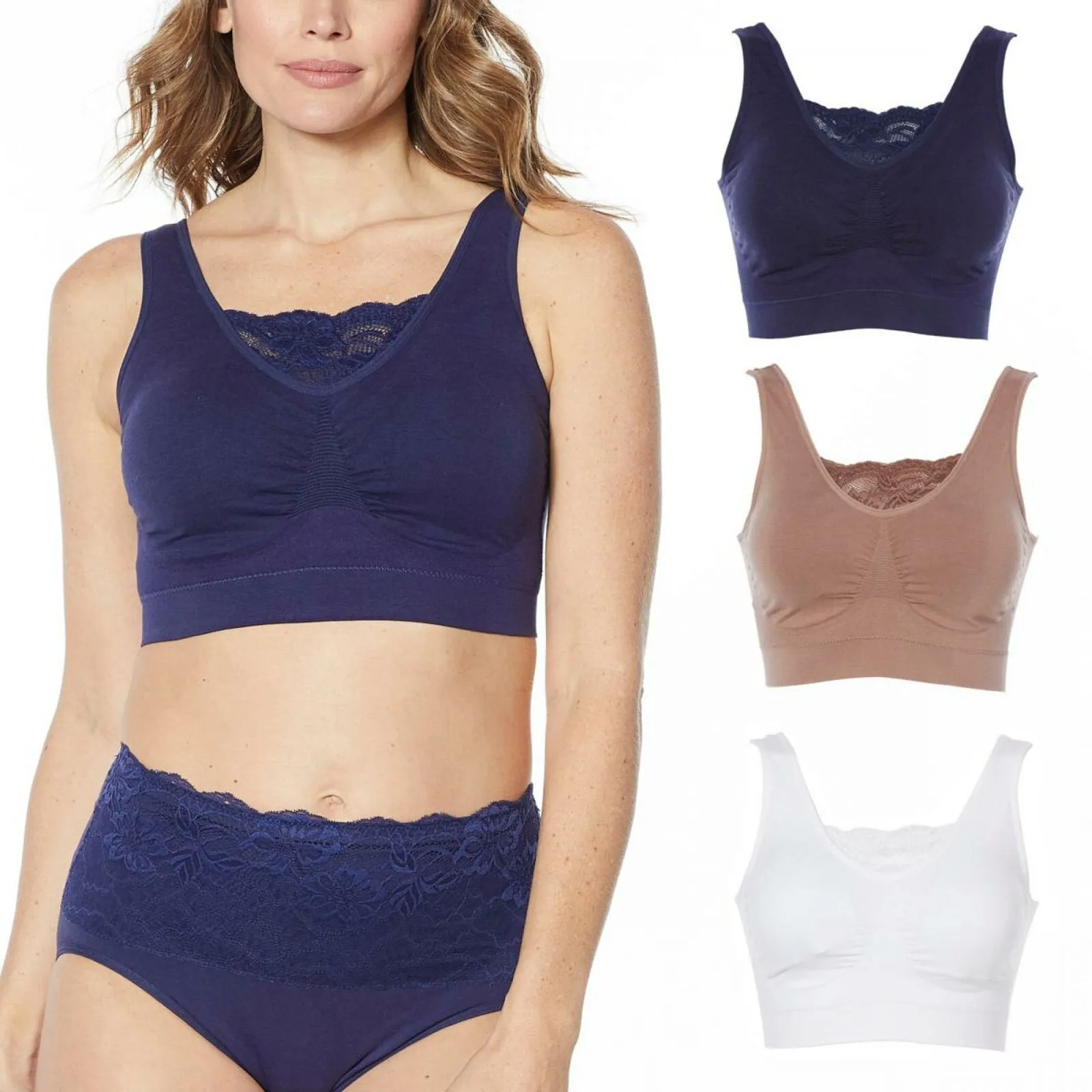 Rhonda Shear 3 Pack Cotton Blend Ahh Bras With Lace Inset Navy Multi Large