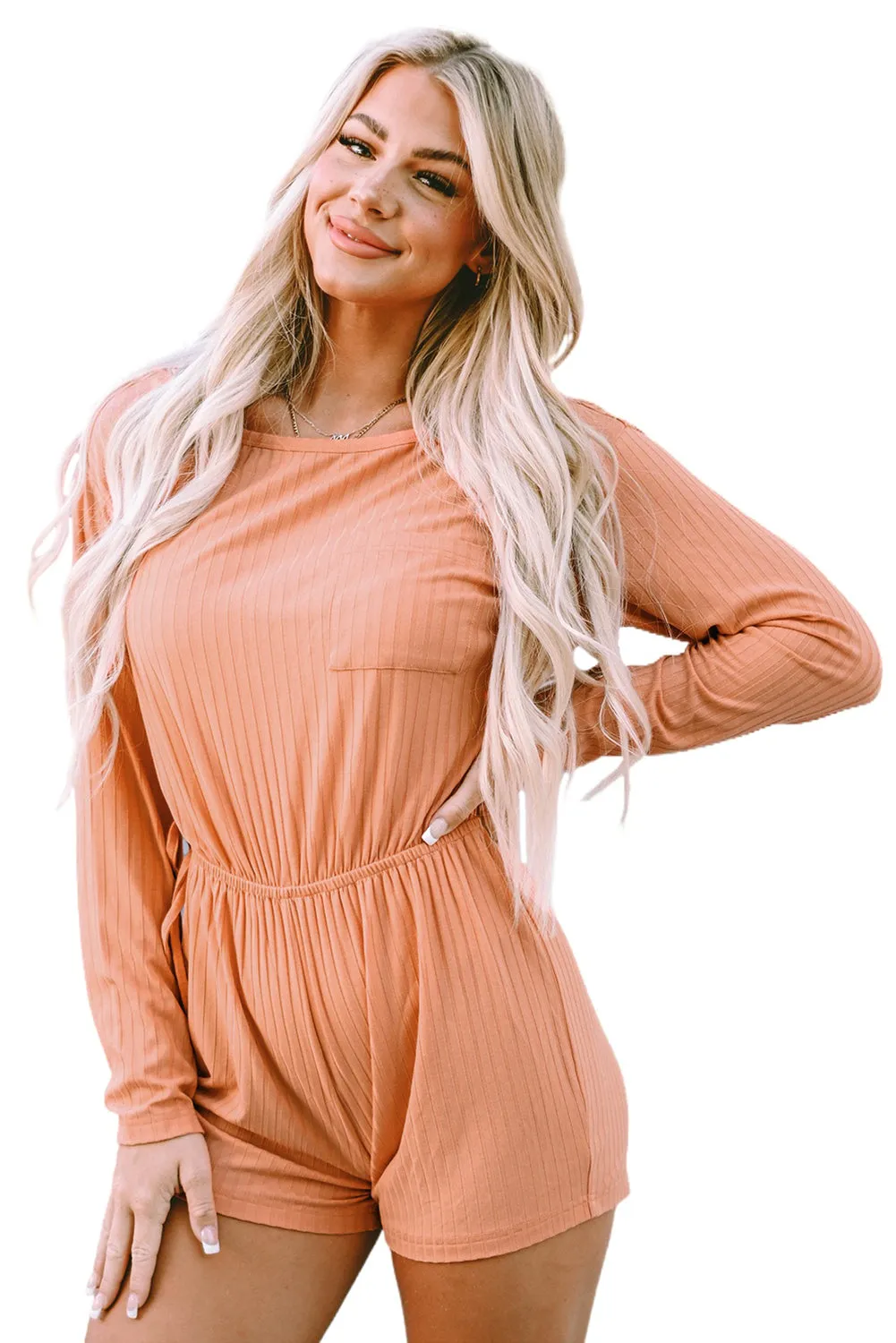 Ribbed Drawstring Waist Long Sleeve Romper