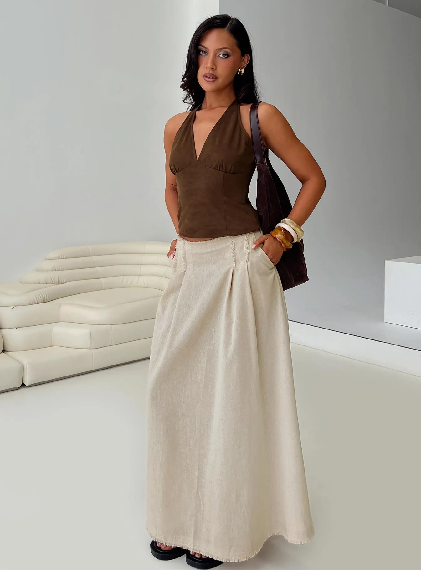 Richness Faux Suede Halter Top Brown