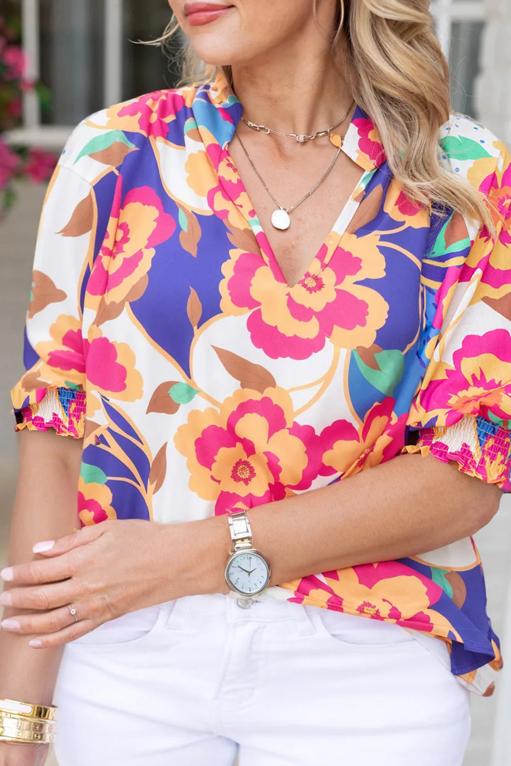 Rose Red Floral Smock Lantern Sleeve Notched Neck Plus Blouse