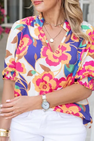 Rose Red Floral Smock Lantern Sleeve Notched Neck Plus Blouse