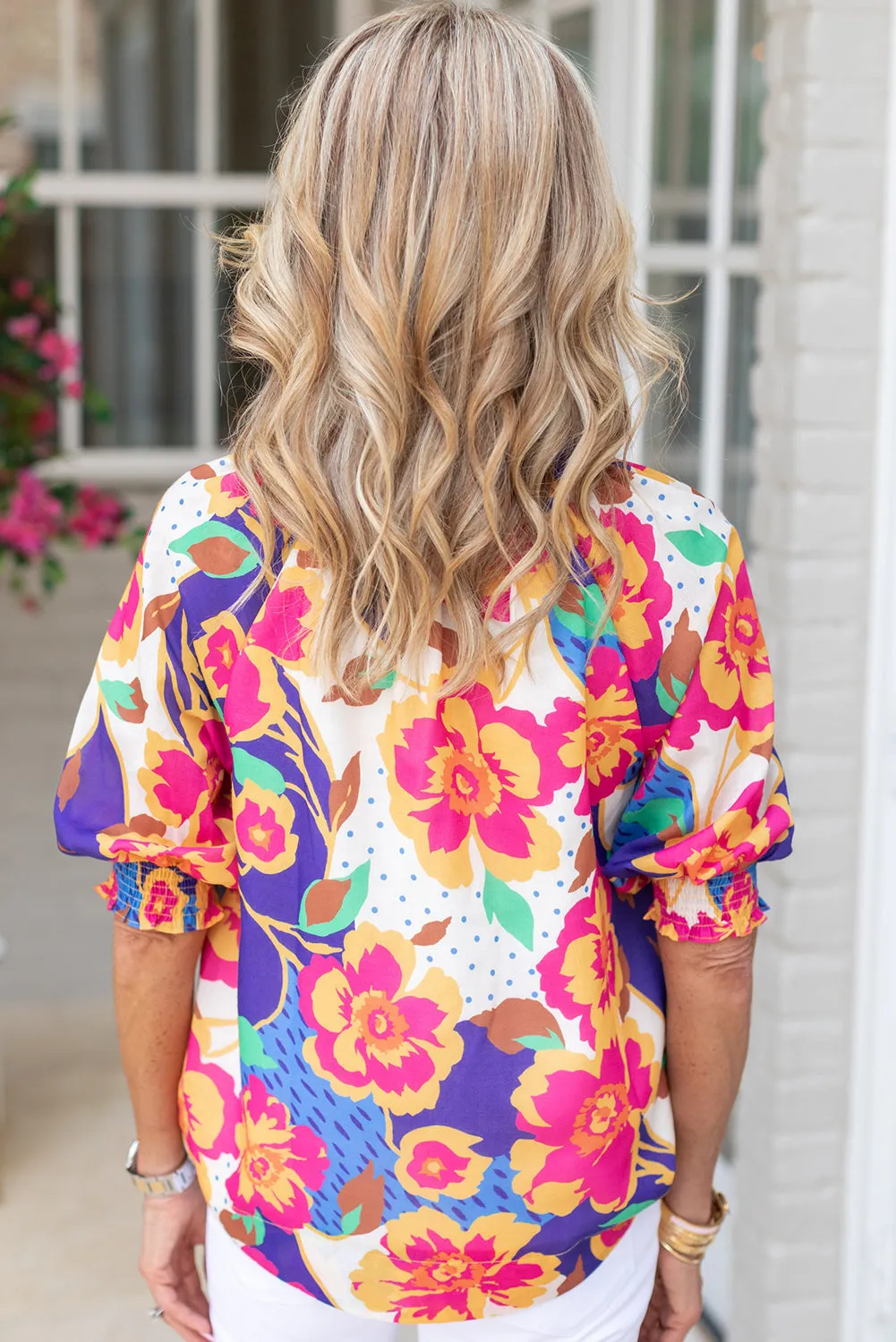 Rose Red Floral Smock Lantern Sleeve Notched Neck Plus Blouse