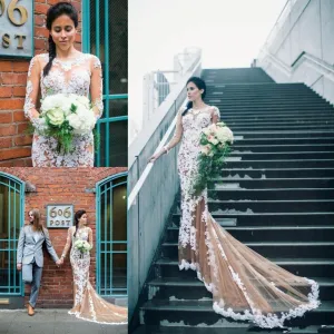 Round Neck Long Sleeve See Through White Lace Long Mermaid Prom Wedding Dresses, BG0317