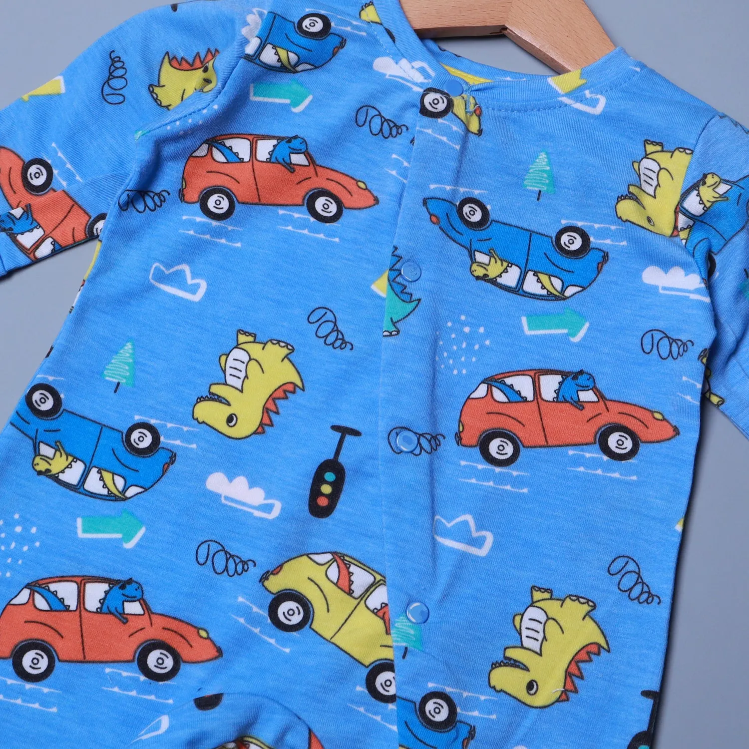 ROYAL BLUE DINO & CARS PRINT FULL BODY FULL SLEEVES ROMPERS