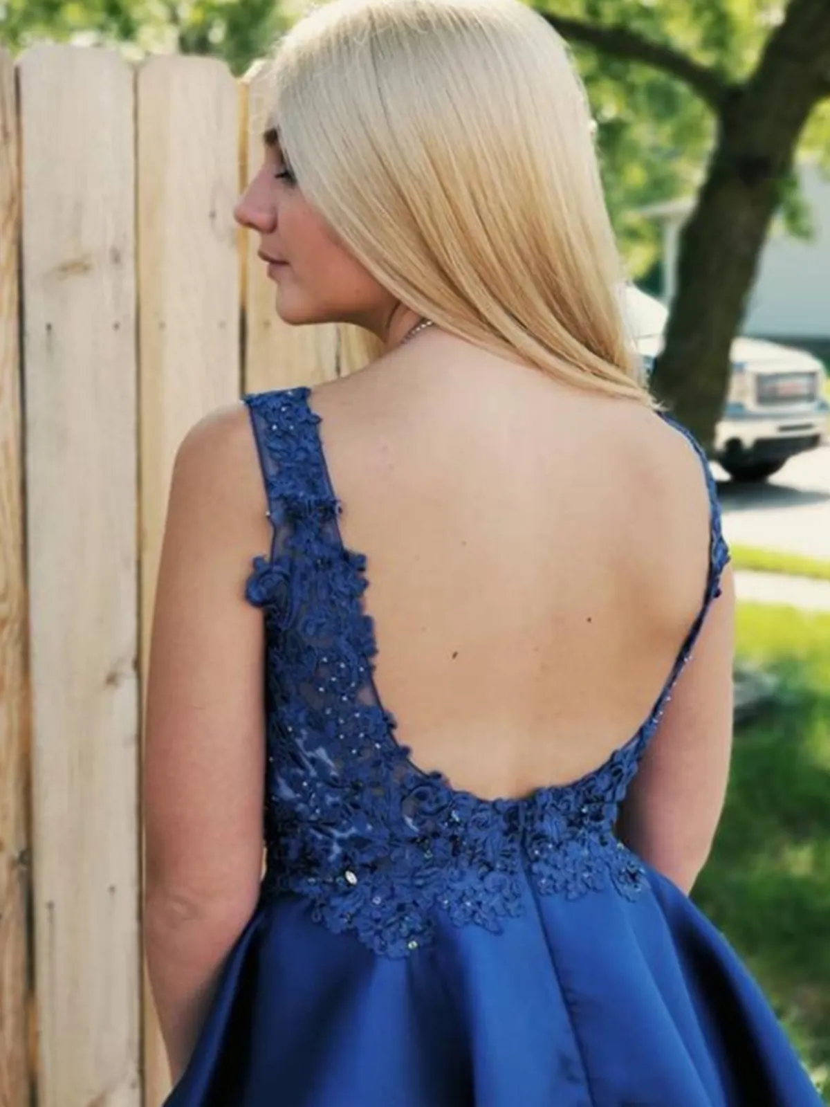 Royal Blue Lace Applique Backless Short Homecoming Dresses, Royal Blue Lace Short Prom Dresses