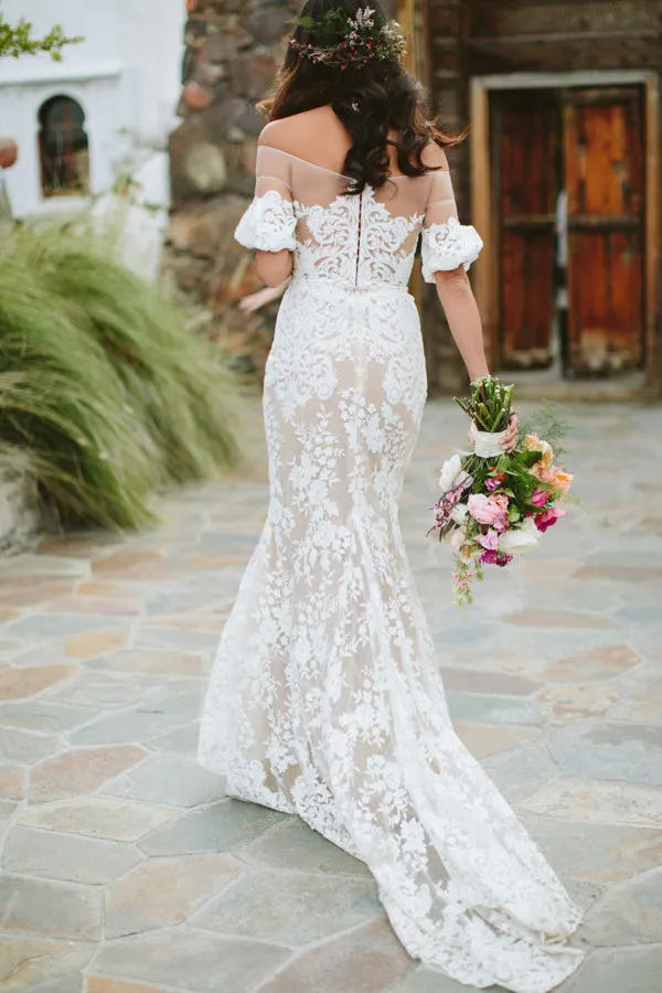 Roycebridal Sheath Off the Shoulder White Lace Long Wedding Dresses,Half Sleeves Wedding Dresses,MW480