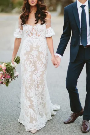 Roycebridal Sheath Off the Shoulder White Lace Long Wedding Dresses,Half Sleeves Wedding Dresses,MW480