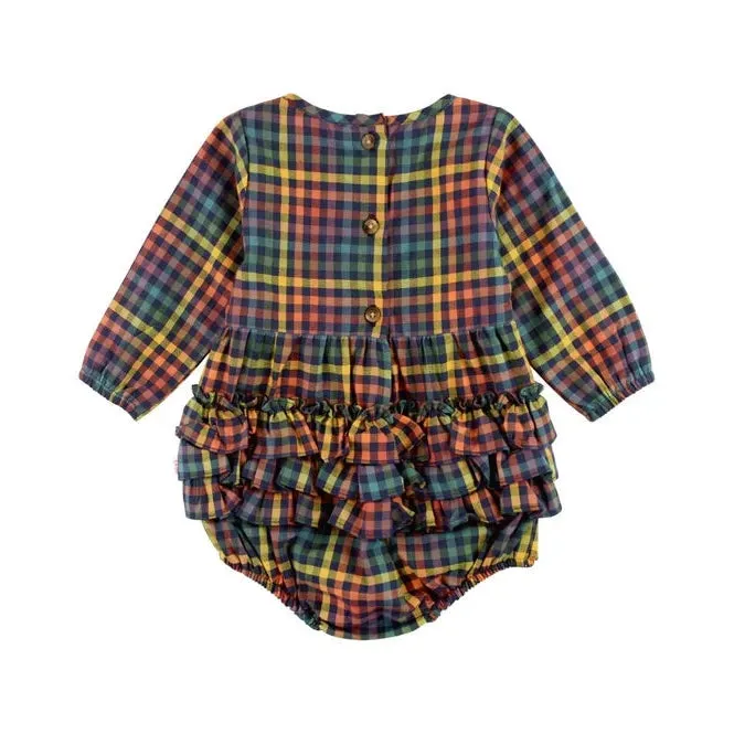 RuffleButts Harvest Rainbow Gingham Long Sleeve Smocked Bubble Romper