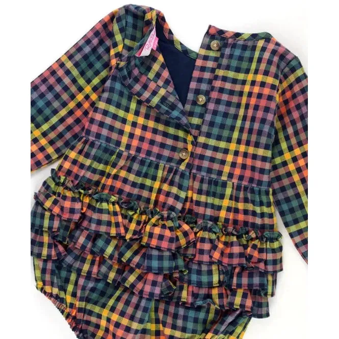 RuffleButts Harvest Rainbow Gingham Long Sleeve Smocked Bubble Romper