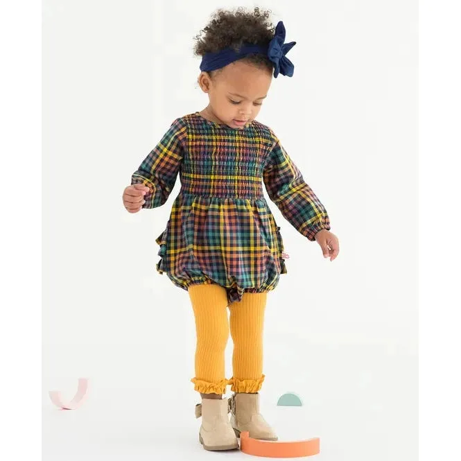 RuffleButts Harvest Rainbow Gingham Long Sleeve Smocked Bubble Romper