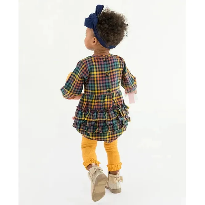 RuffleButts Harvest Rainbow Gingham Long Sleeve Smocked Bubble Romper