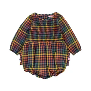 RuffleButts Harvest Rainbow Gingham Long Sleeve Smocked Bubble Romper
