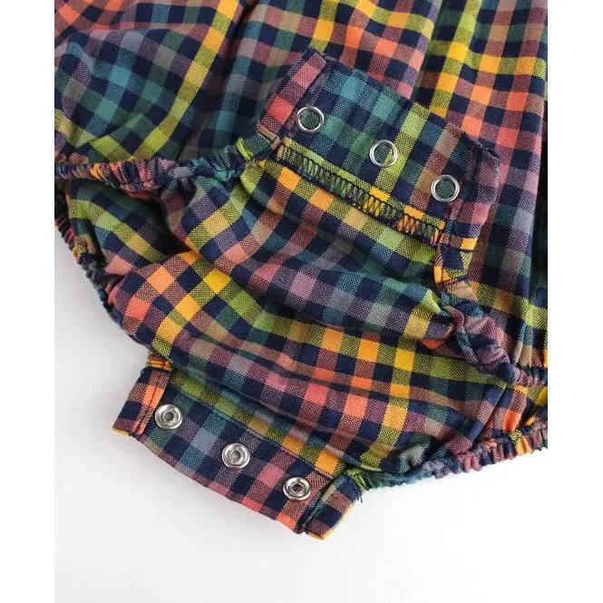 RuffleButts Harvest Rainbow Gingham Long Sleeve Smocked Bubble Romper