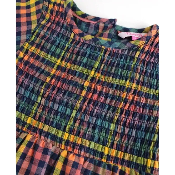RuffleButts Harvest Rainbow Gingham Long Sleeve Smocked Bubble Romper