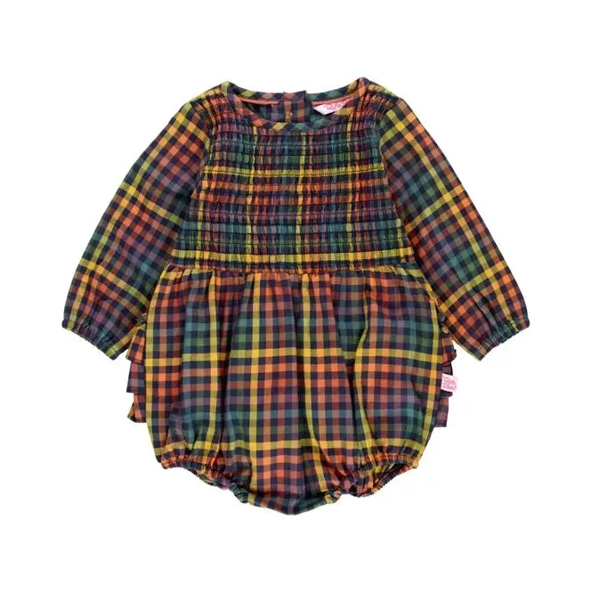 RuffleButts Harvest Rainbow Gingham Long Sleeve Smocked Bubble Romper
