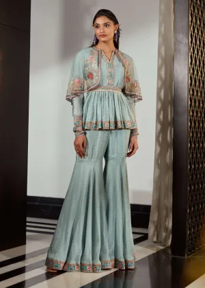 Sage Blue Embroidered Cape Gharara Set