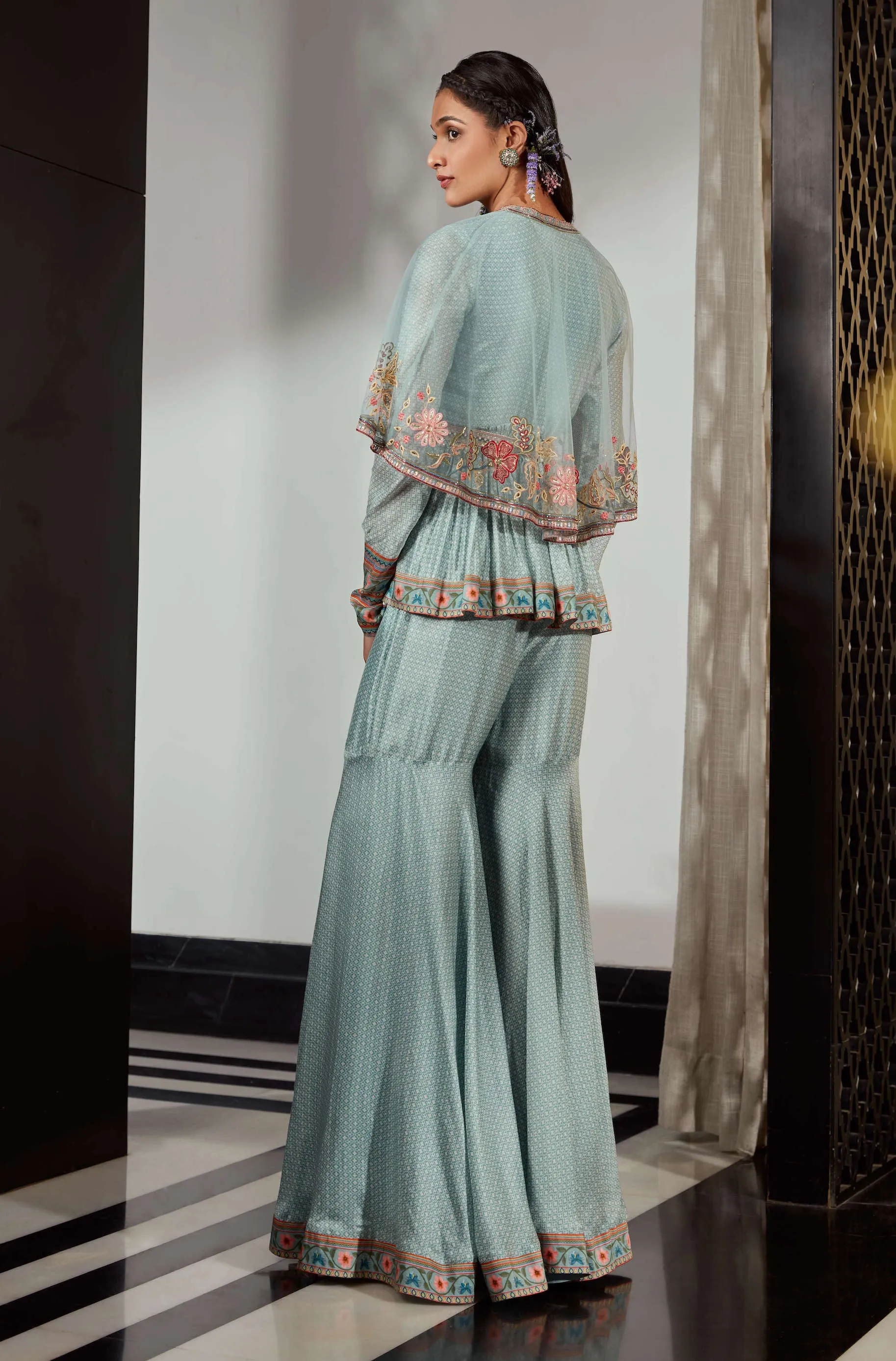 Sage Blue Embroidered Cape Gharara Set