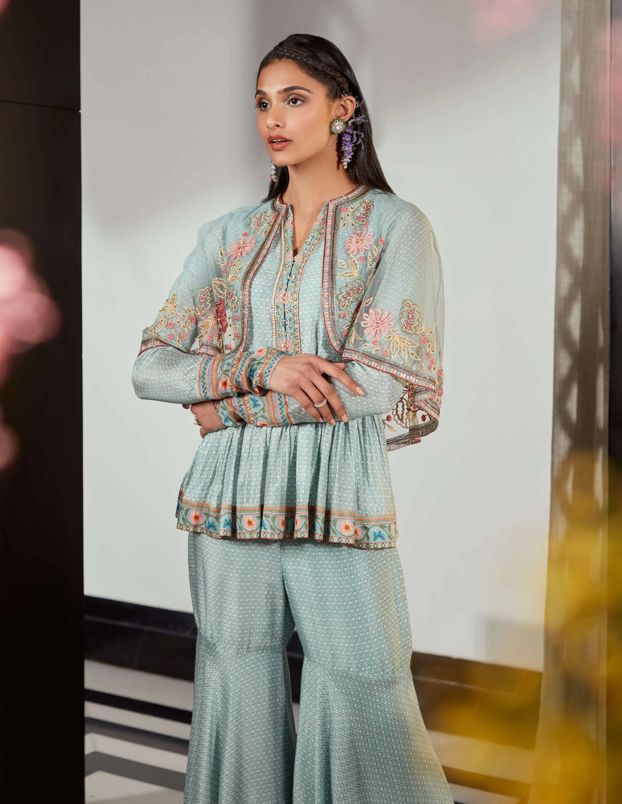 Sage Blue Embroidered Cape Gharara Set