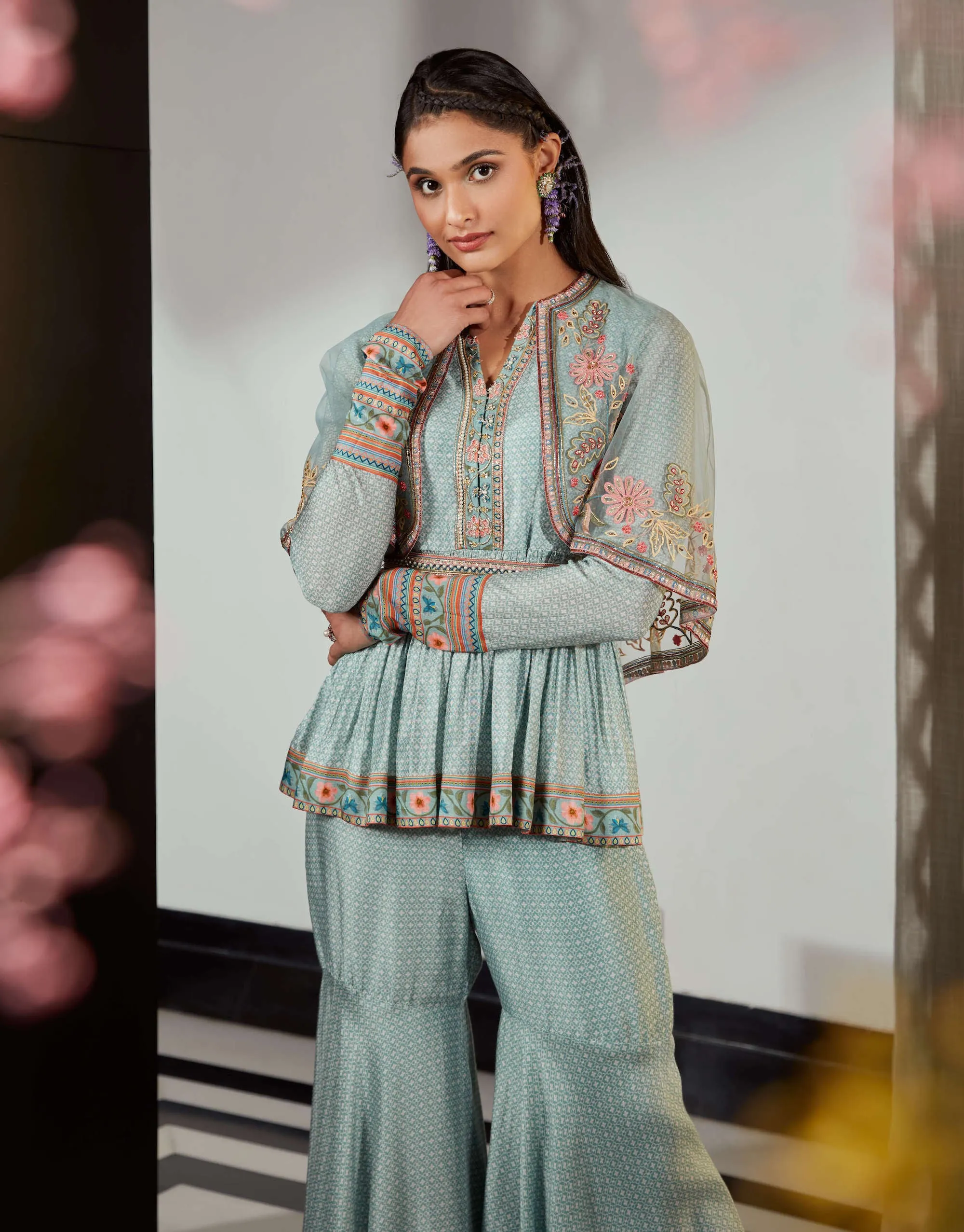 Sage Blue Embroidered Cape Gharara Set