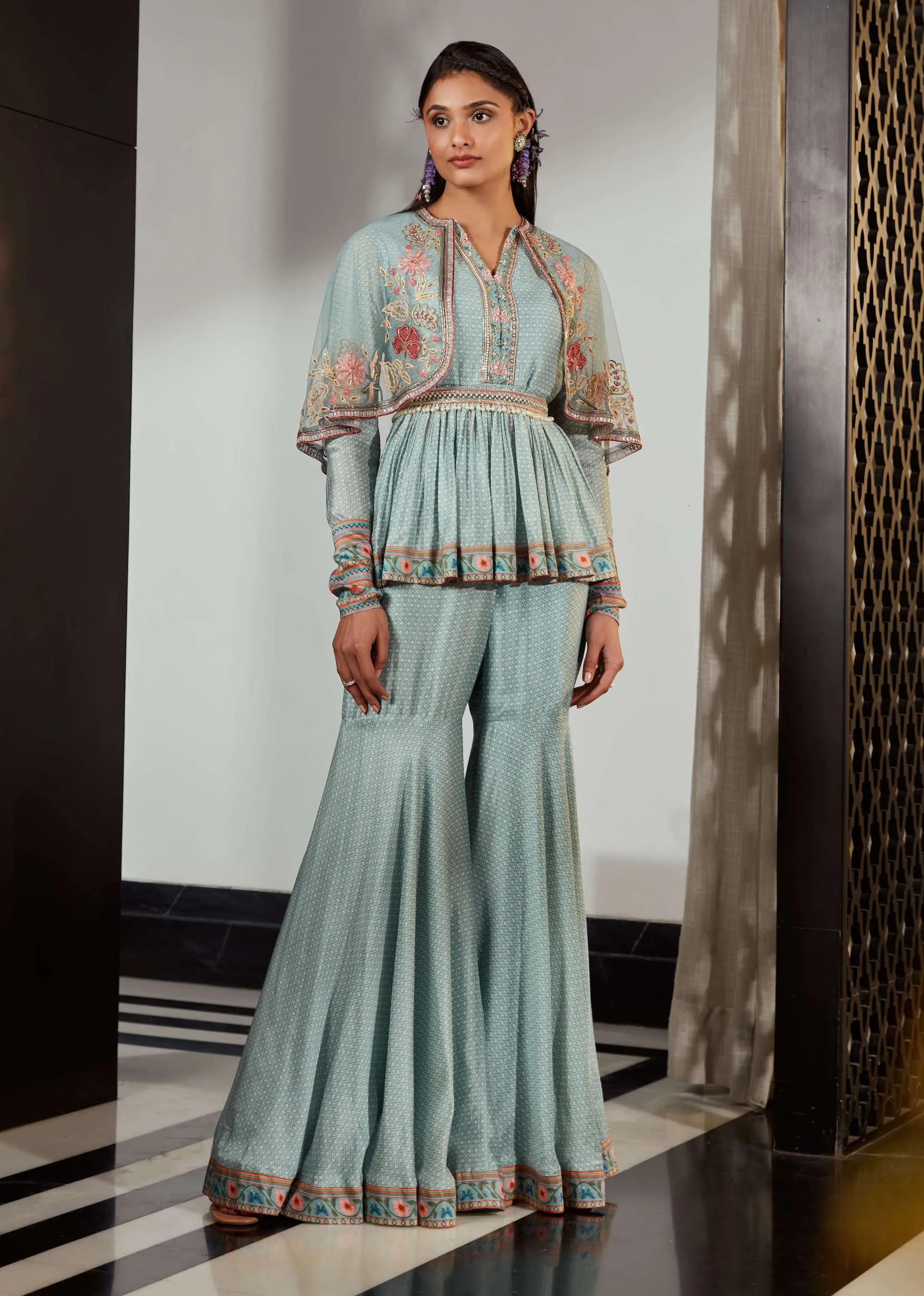 Sage Blue Embroidered Cape Gharara Set