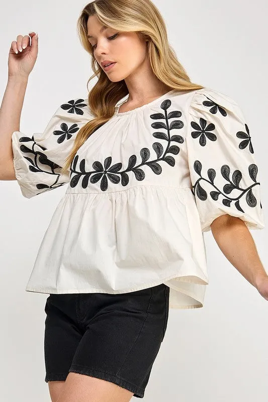 SAGE FIG Puff-Sleeve Embroidered Peplum Blouse