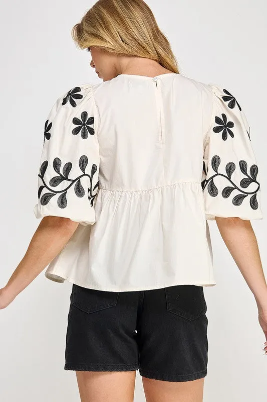 SAGE FIG Puff-Sleeve Embroidered Peplum Blouse