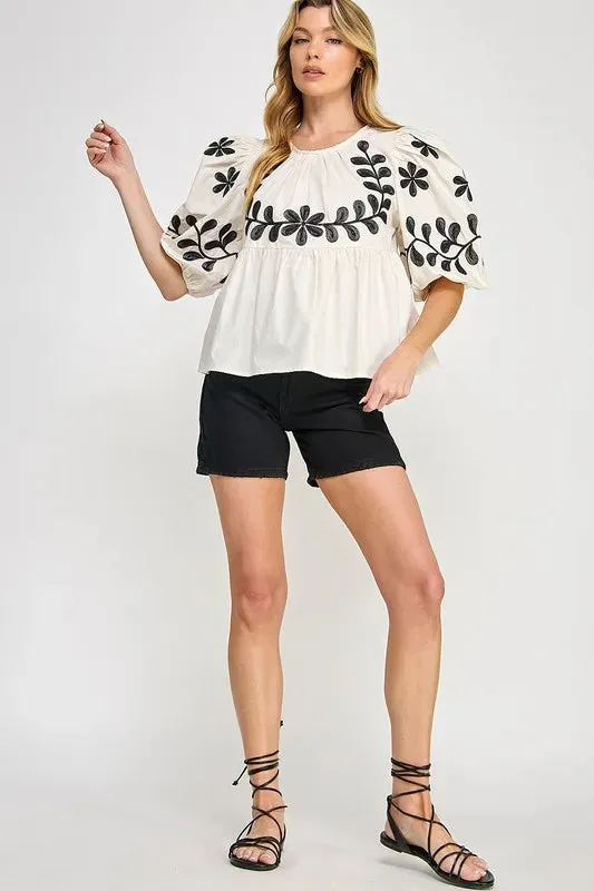 SAGE FIG Puff-Sleeve Embroidered Peplum Blouse
