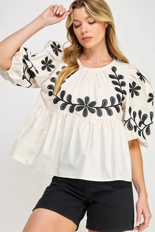 SAGE FIG Puff-Sleeve Embroidered Peplum Blouse