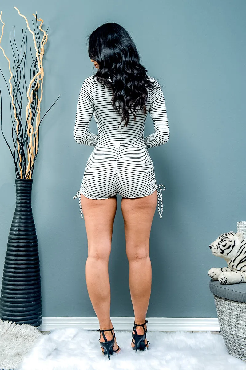 ‘Sailor Gil’ Striped Round Neck Long Sleeve Mini Shorts Romper with Ruched Side Ties (P3545)
