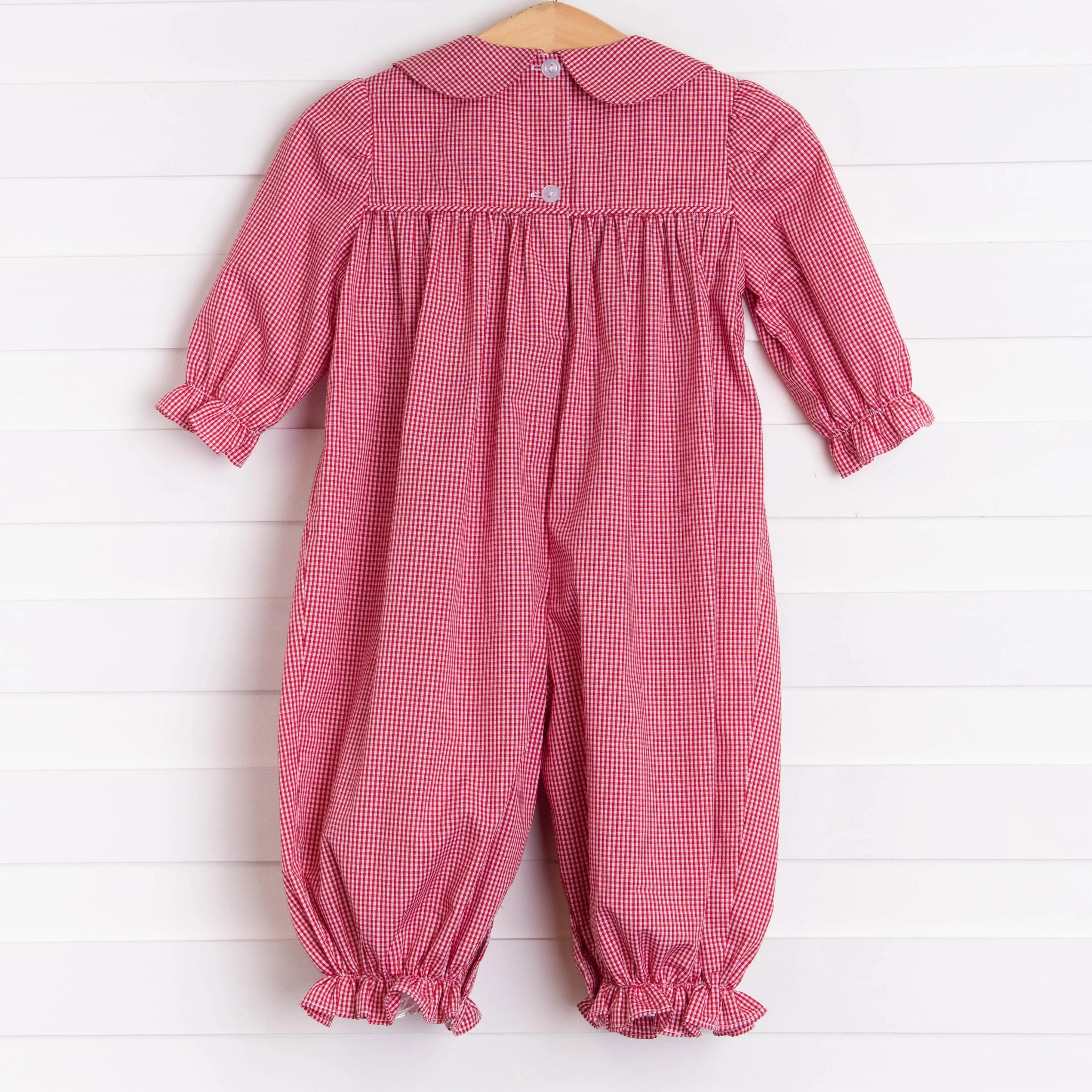 Santa's Reindeer Smocked Romper, Red Gingham