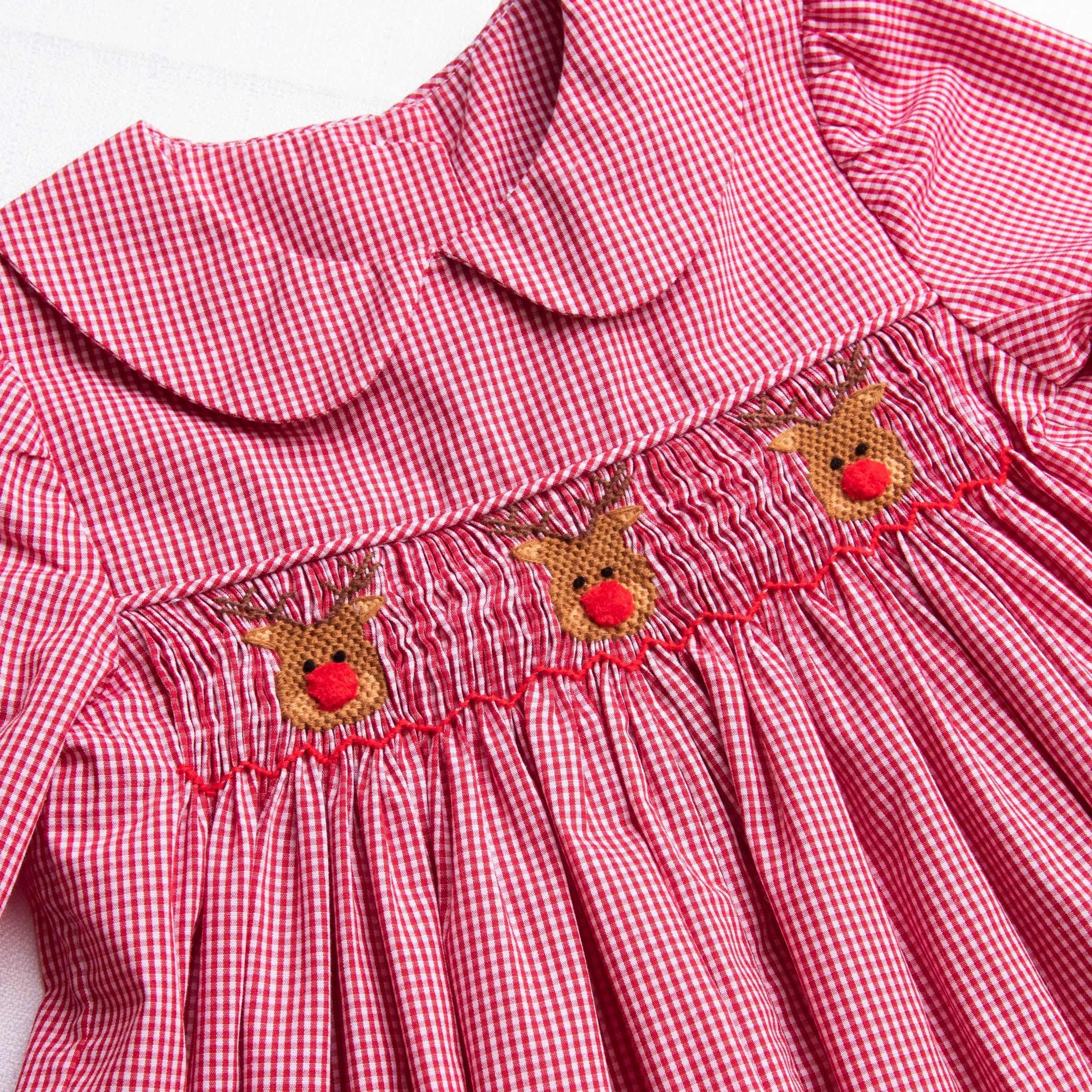 Santa's Reindeer Smocked Romper, Red Gingham