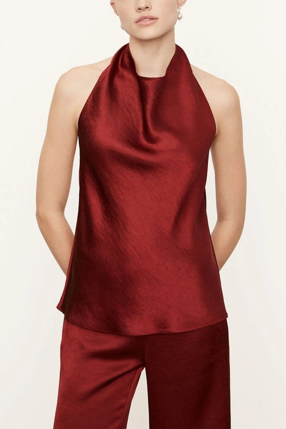 Satin Halter Neck Blouse in Currant