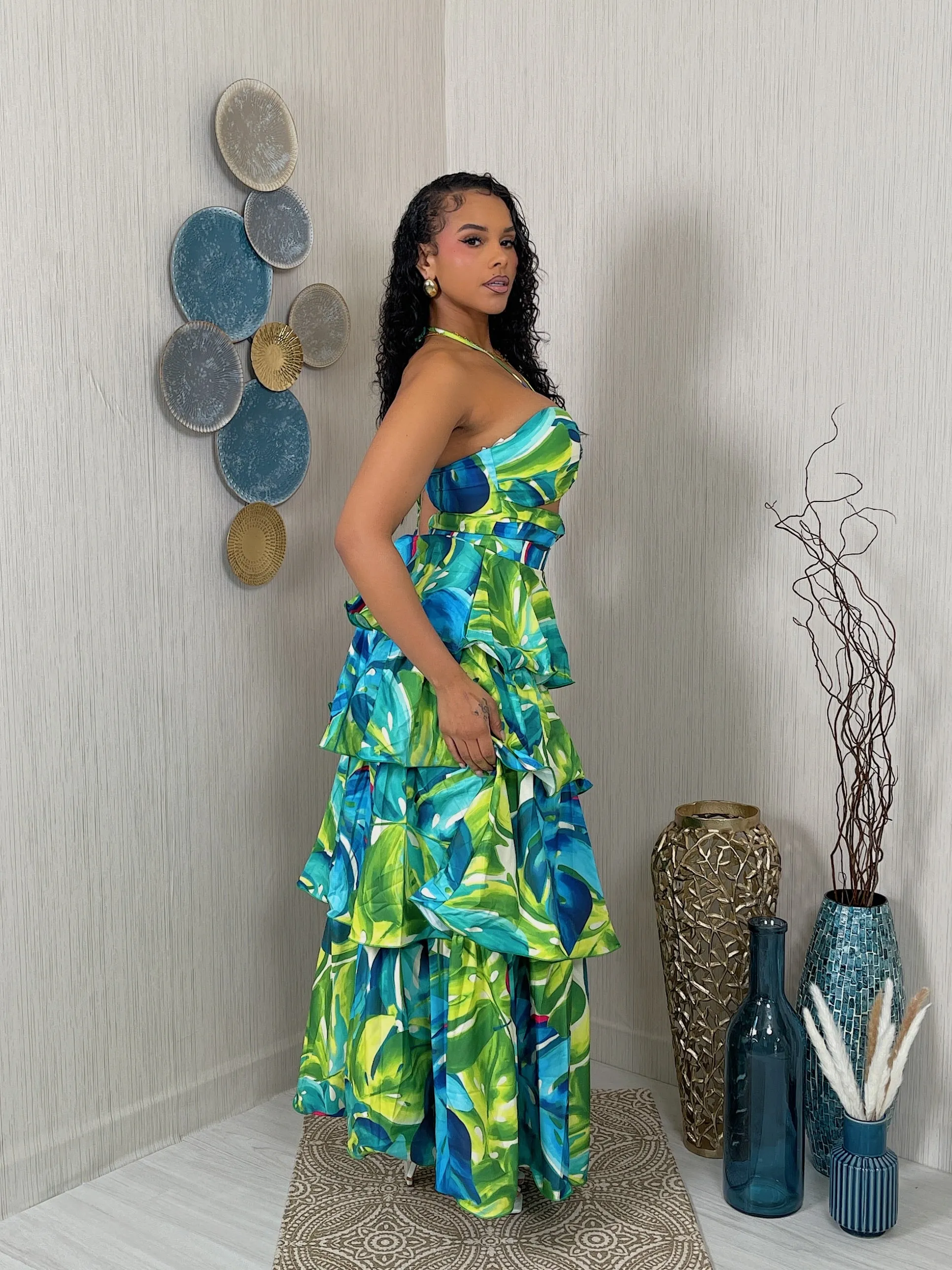 SD380525P - PRINTED HALTER RUFFLE MAXI DRESS