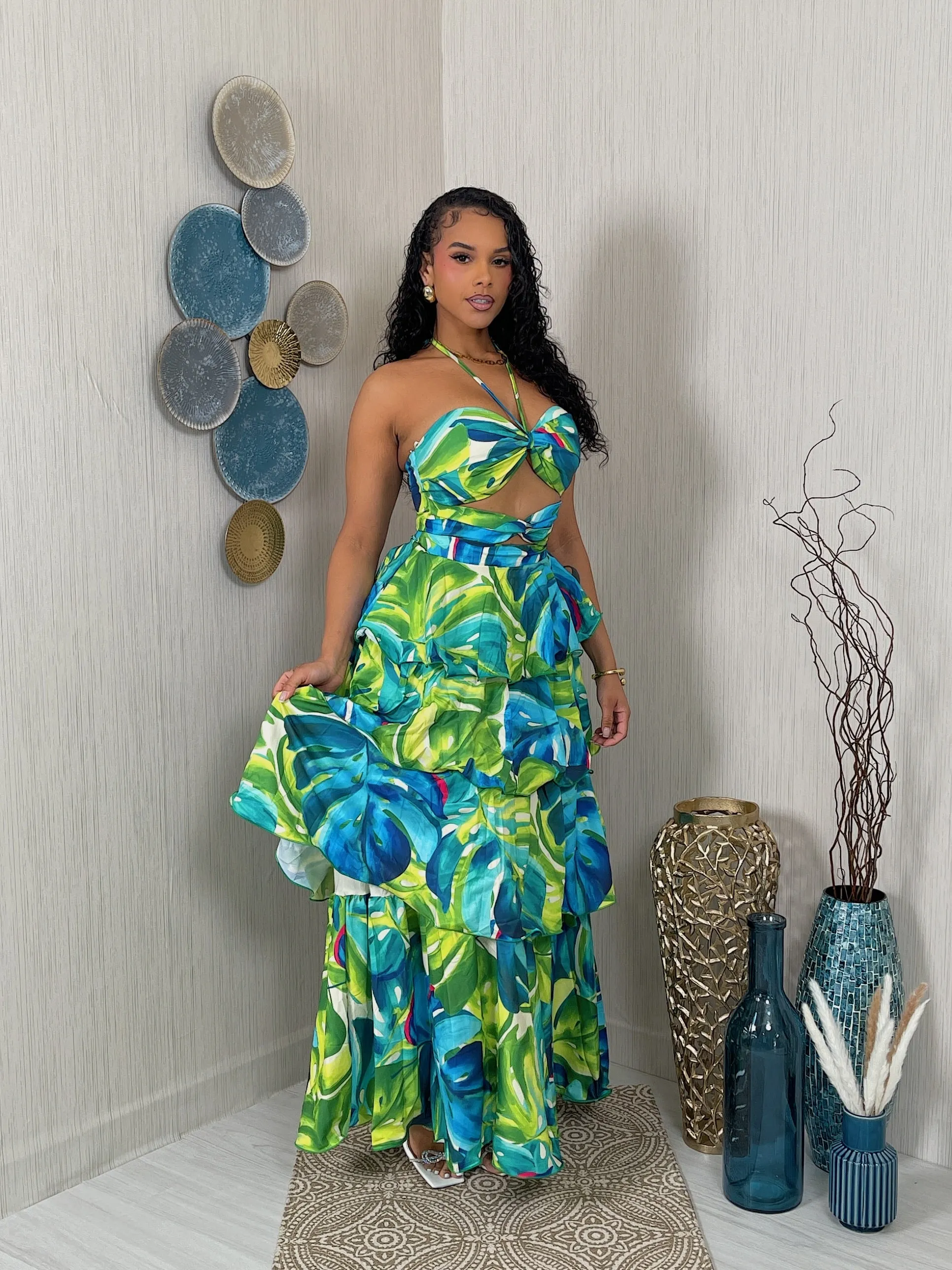 SD380525P - PRINTED HALTER RUFFLE MAXI DRESS