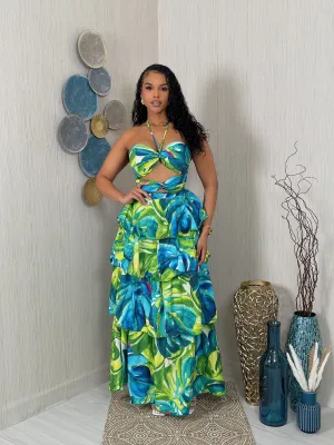 SD380525P - PRINTED HALTER RUFFLE MAXI DRESS