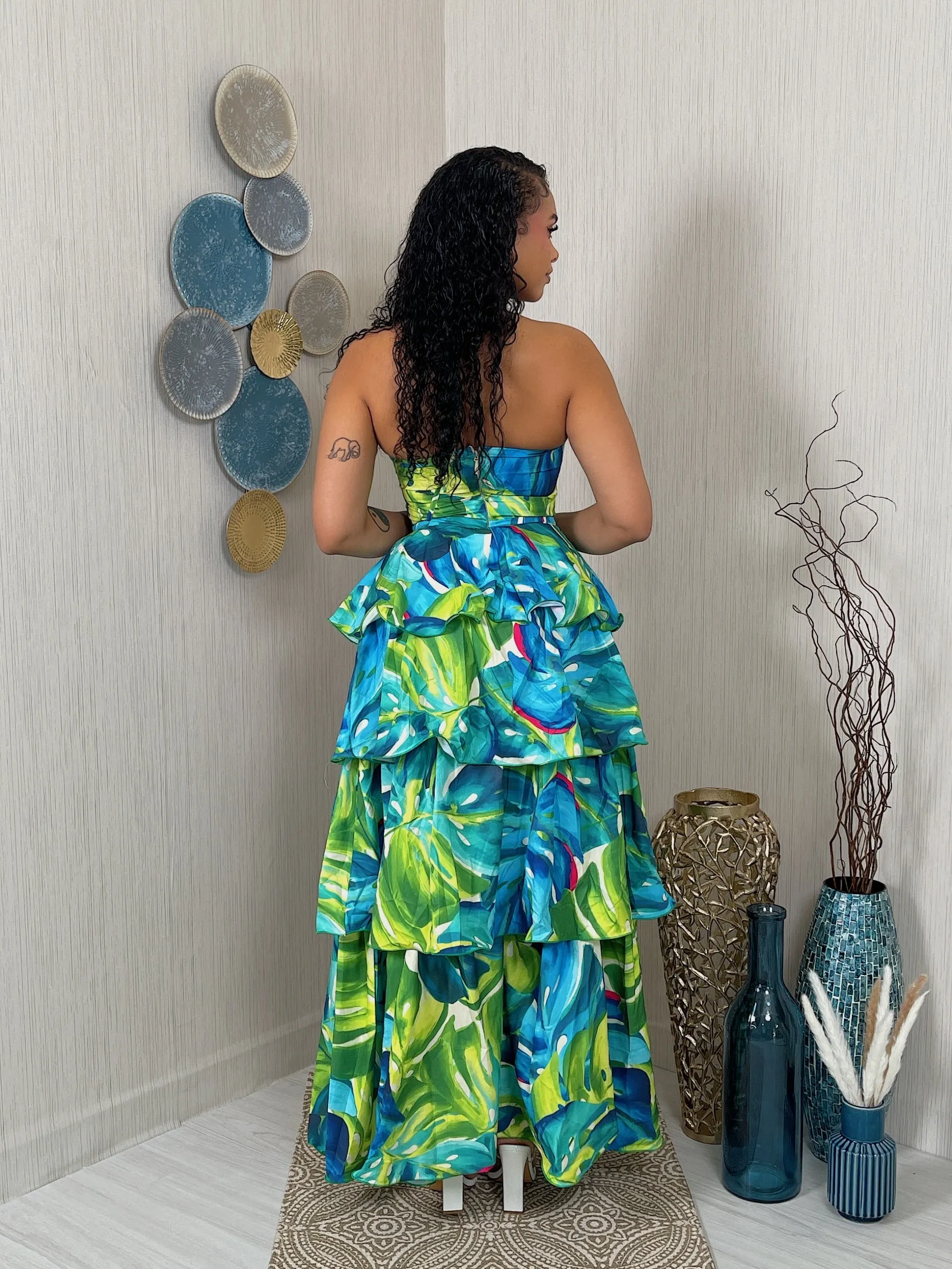 SD380525P - PRINTED HALTER RUFFLE MAXI DRESS