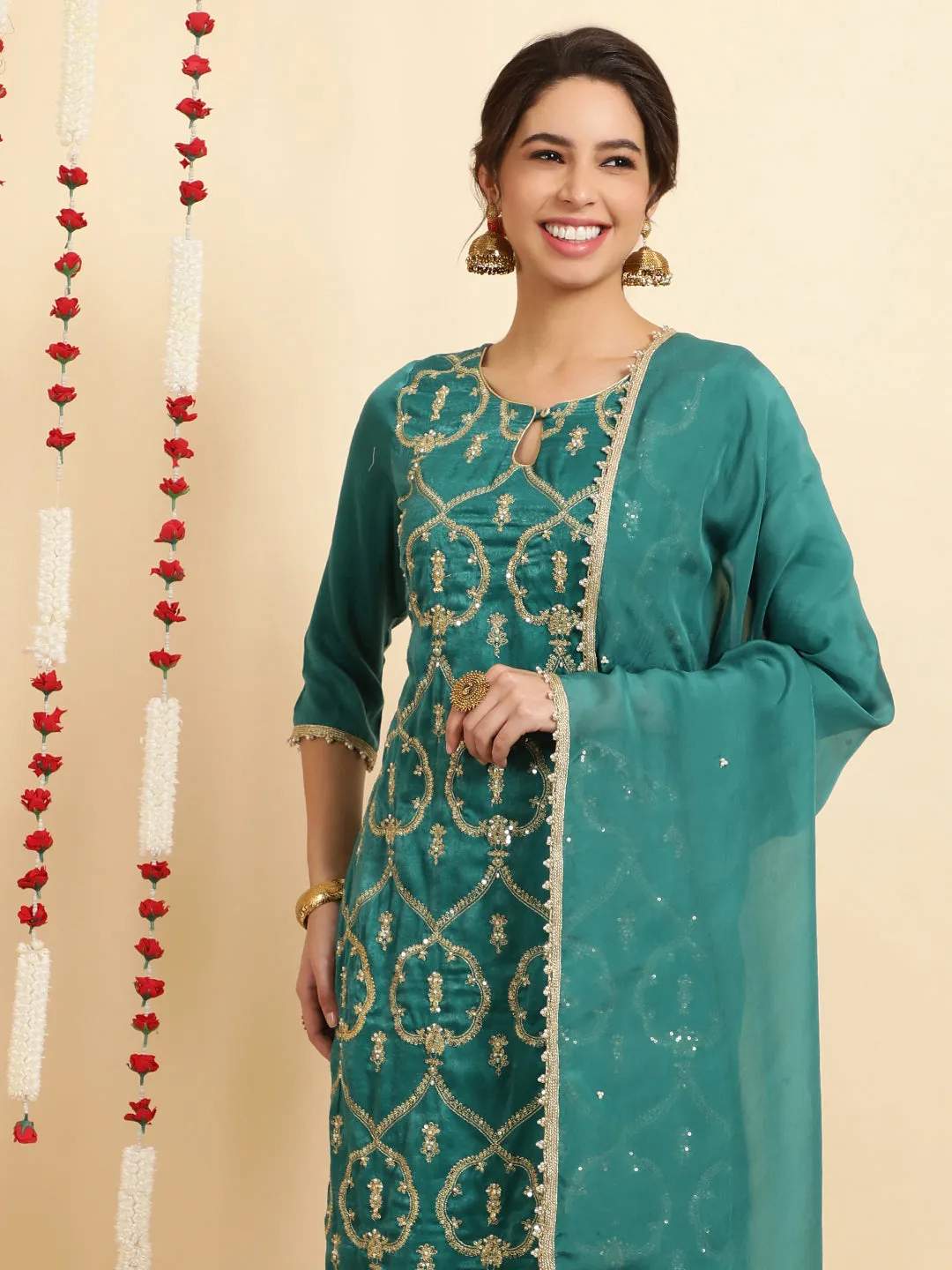 Sea Green Velvet Kurta With Afghani Salwaar With Dupatta