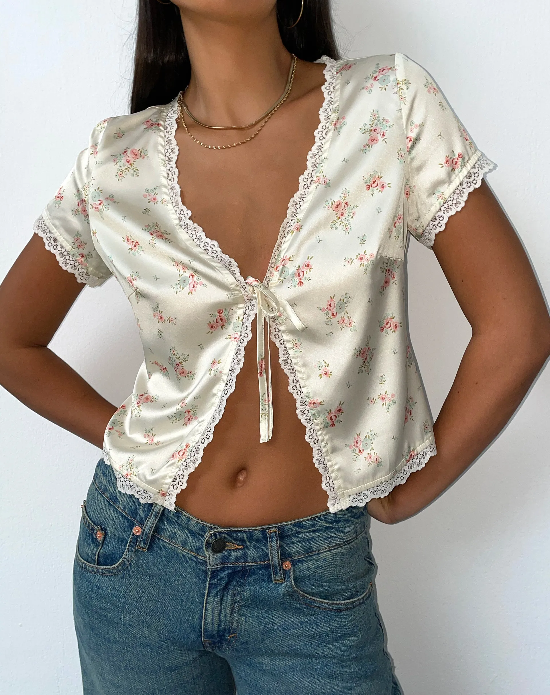 Selene Tie Front Top in Satin Vintage Rose Garland
