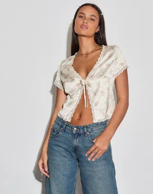 Selene Tie Front Top in Satin Vintage Rose Garland