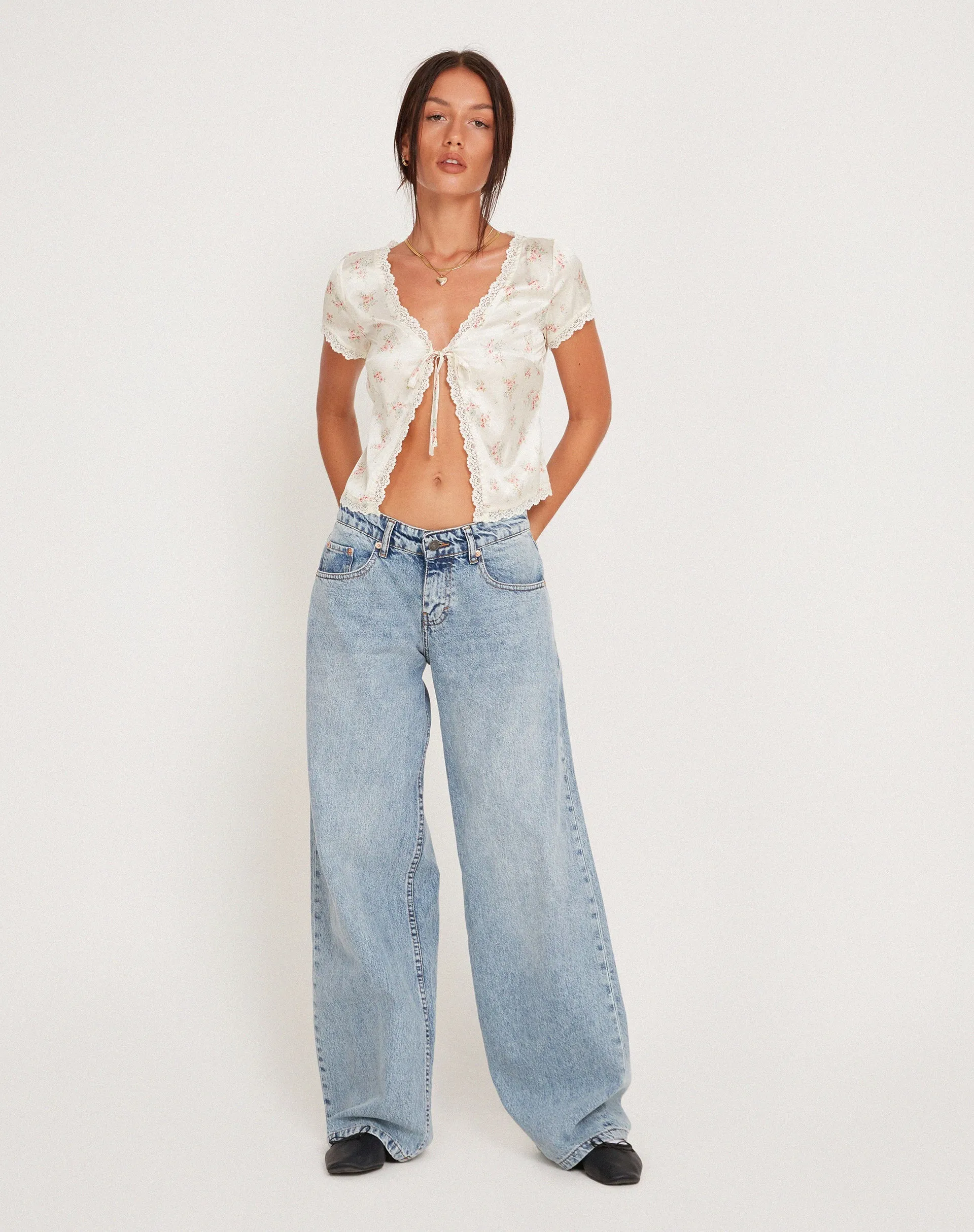 Selene Tie Front Top in Satin Vintage Rose Garland