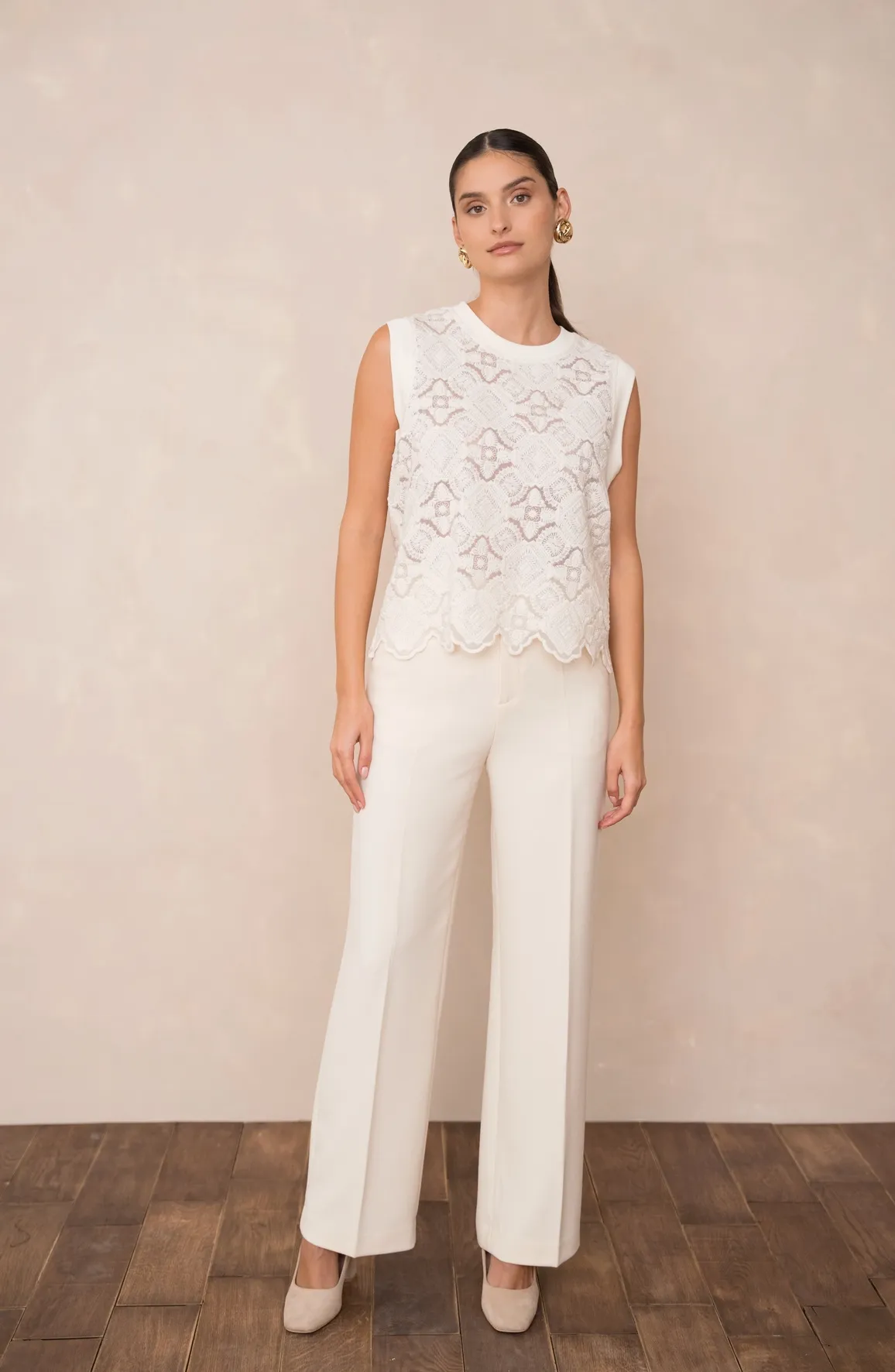 Semi-Transparent Embroidered Lace Top-White