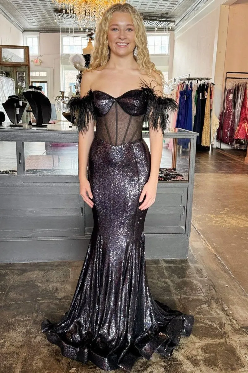 Sequin Feather Sheer Bodice Trumpet Long Gown