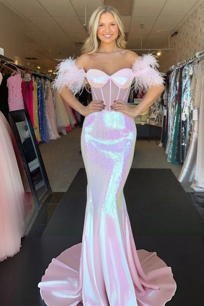 Sequin Feather Sheer Bodice Trumpet Long Gown
